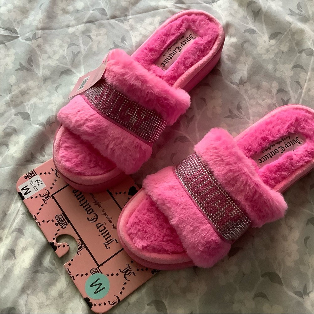 Juicy Couture Pink Furry Slide Slippers with Rhinestone Band Y2K
